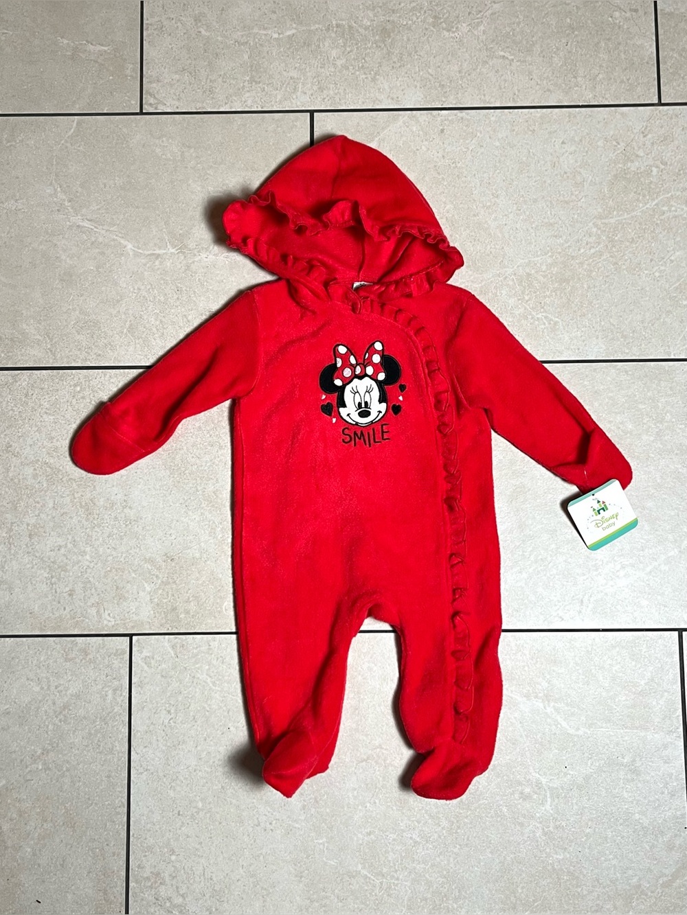 Disney Baby Red Fleece Minnie Mouse Zip Up Romper Jumpsuit 3-6M